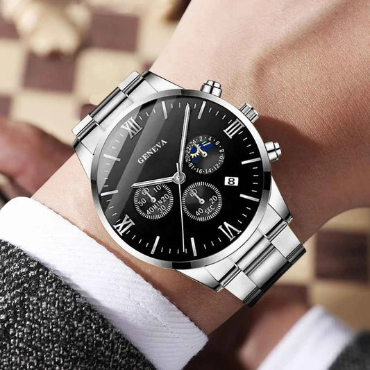 4 pièces ensemble de montre pour hommes mode tendance affaires montre à Quartz croix pendentif collier bague Bracelet ensemble de bijoux cadeau parfait pour lui (sans la boîte)