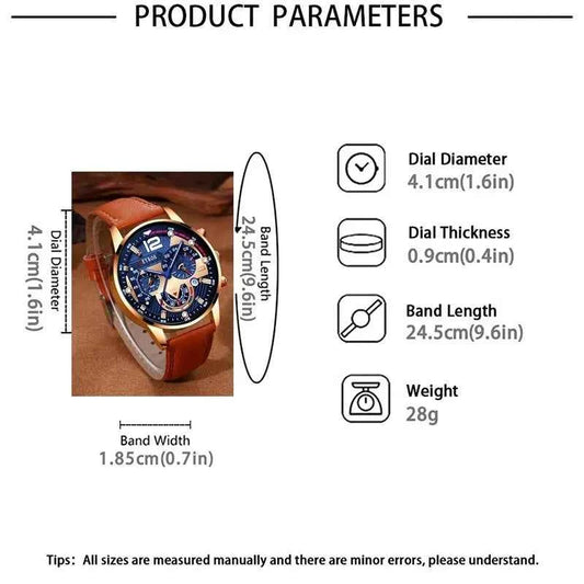 Montres à calendrier pour hommes, bracelet en cuir marron,mode fantaisie masculine, 2 pièces