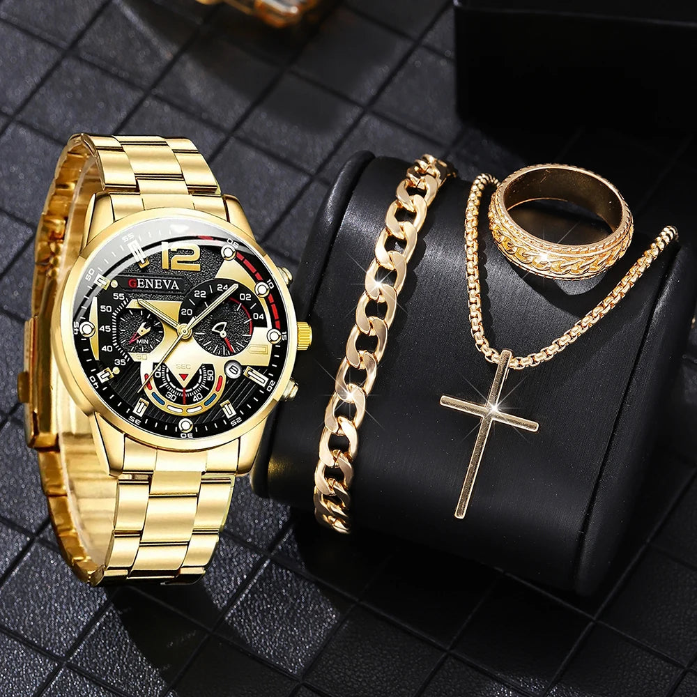 4 pièces ensemble de montre pour hommes mode tendance affaires montre à Quartz croix pendentif collier bague Bracelet ensemble de bijoux cadeau parfait pour lui (sans la boîte)