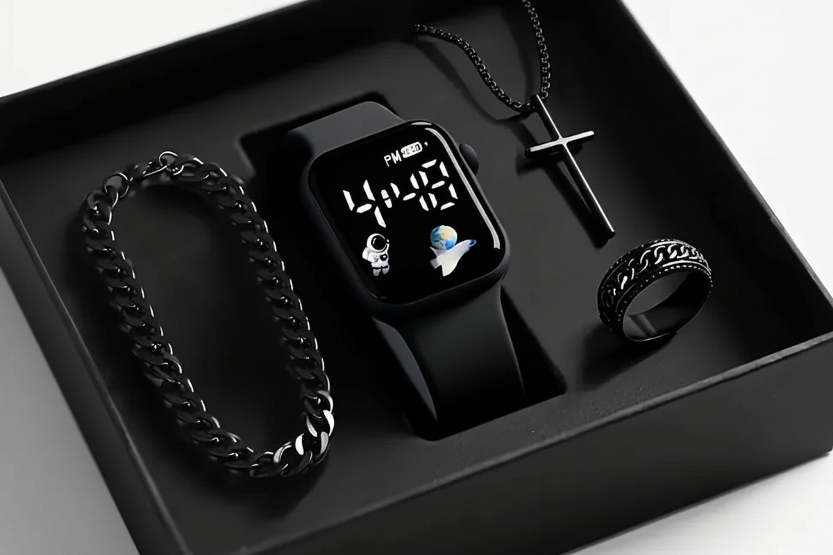 Cadeau Homme 4 Pièces – Montre, Collier, Bracelet & Bague