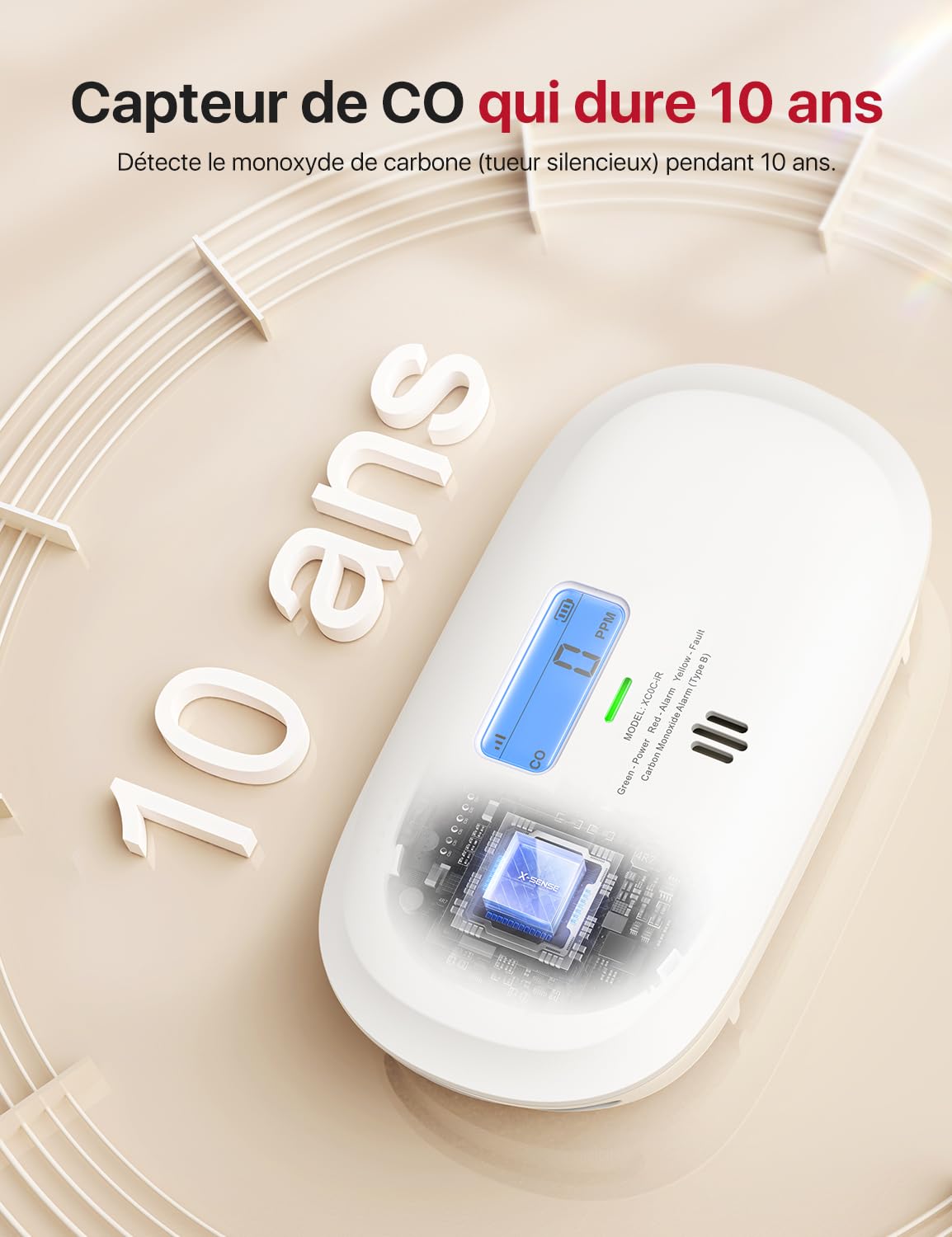 X-Sense XC0C-SR –    Détecteur de Monoxyde de Carbone Autonome Capteur Électrochimique 10 Ans - LCD