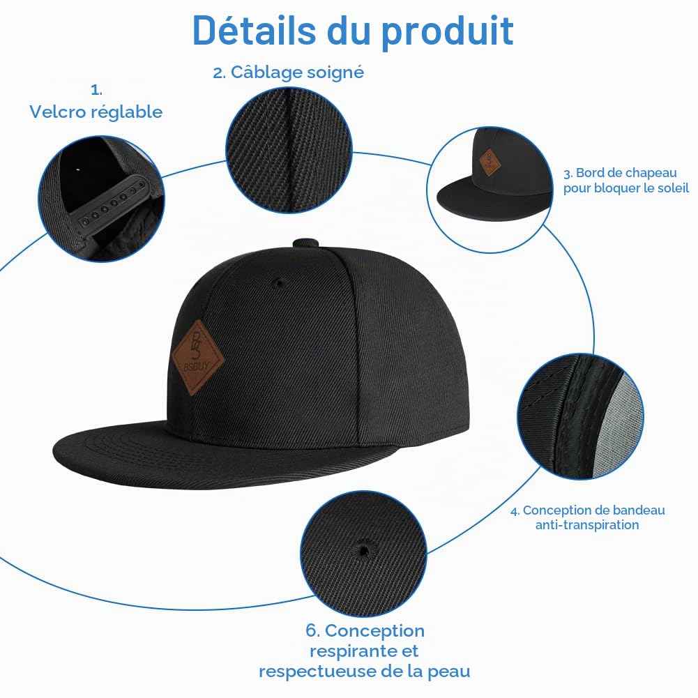 Casquette Snapback Homme Femme, Casquette de Baseball été Réglable, Coton Anti-Soleil Baseball Cap, Casquette Visiere Plate, Casquettes Sport Extérieur Sunhat Chapeau pour Grosses Têtes 56-61CM
