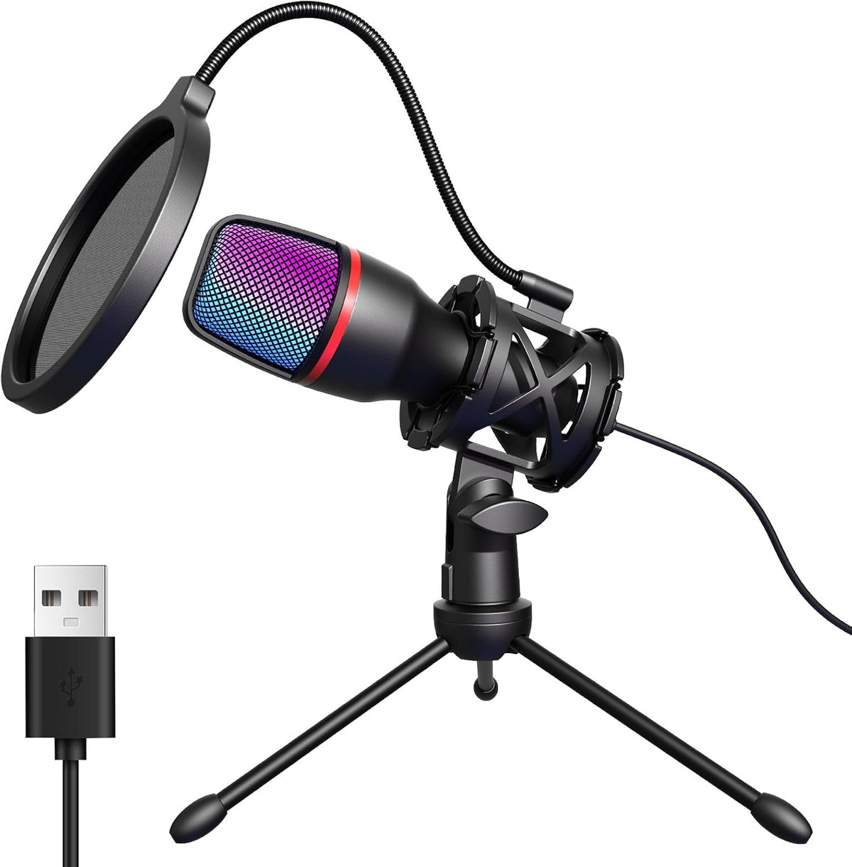 Hoppac Microphone USB à Condensateur, Micro PC Gaming avec Trépied | Capture cardioïde, éclairage RGB, filtre anti-pop et support antichoc, pour streaming, podcast, YouTube, PC, PS4 et PS5 - PATOGAZ