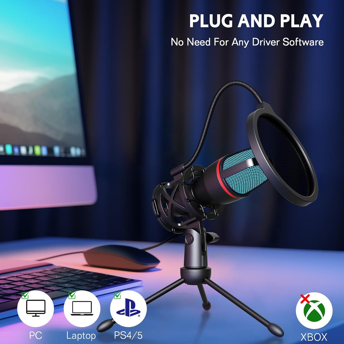 Hoppac Microphone USB à Condensateur, Micro PC Gaming avec Trépied | Capture cardioïde, éclairage RGB, filtre anti-pop et support antichoc, pour streaming, podcast, YouTube, PC, PS4 et PS5 - PATOGAZ