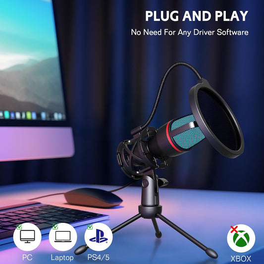 Hoppac Microphone USB à Condensateur, Micro PC Gaming avec Trépied | Capture cardioïde, éclairage RGB, filtre anti-pop et support antichoc, pour streaming, podcast, YouTube, PC, PS4 et PS5 - PATOGAZ