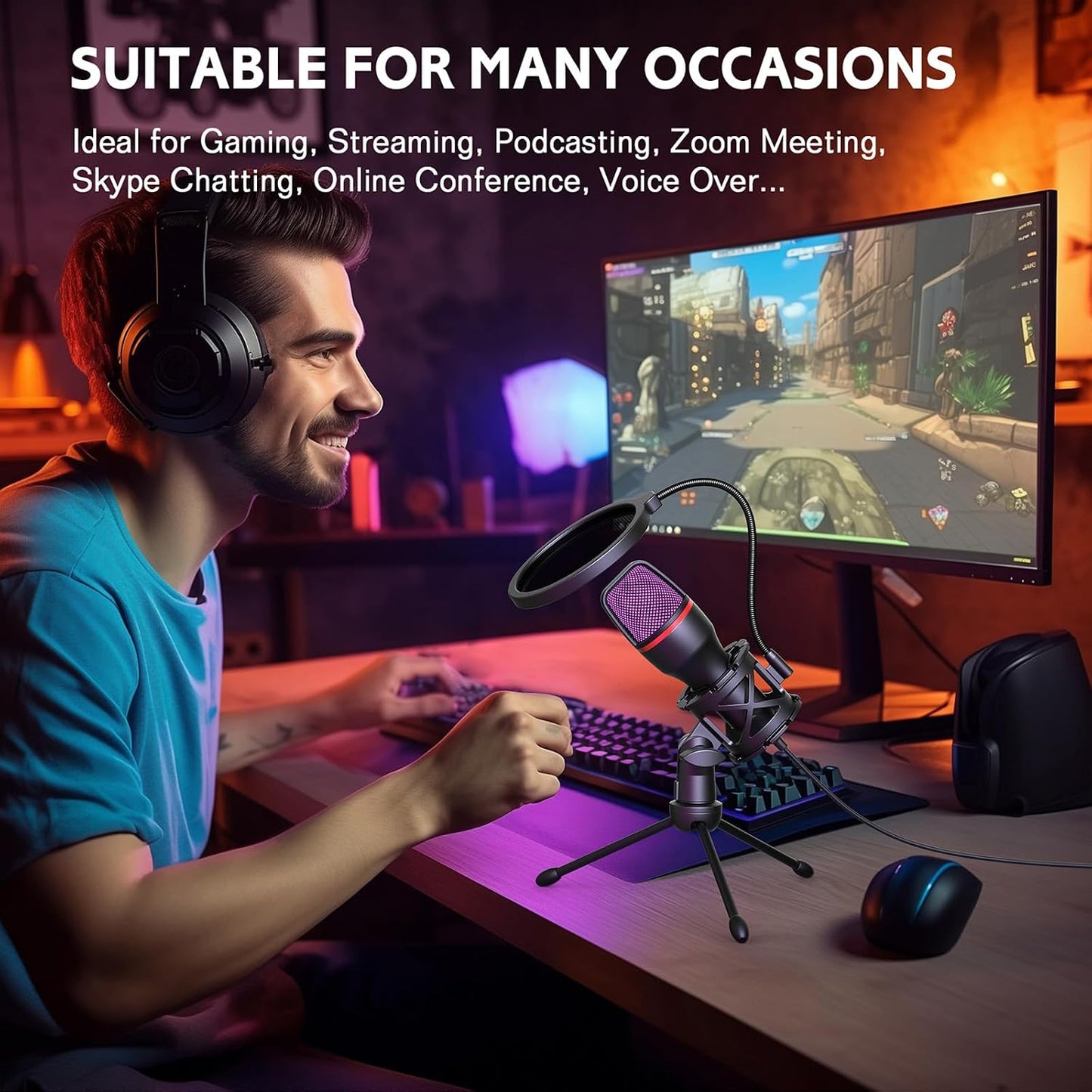 Hoppac Microphone USB à Condensateur, Micro PC Gaming avec Trépied | Capture cardioïde, éclairage RGB, filtre anti-pop et support antichoc, pour streaming, podcast, YouTube, PC, PS4 et PS5 - PATOGAZ