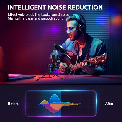 Hoppac Microphone USB à Condensateur, Micro PC Gaming avec Trépied | Capture cardioïde, éclairage RGB, filtre anti-pop et support antichoc, pour streaming, podcast, YouTube, PC, PS4 et PS5 - PATOGAZ