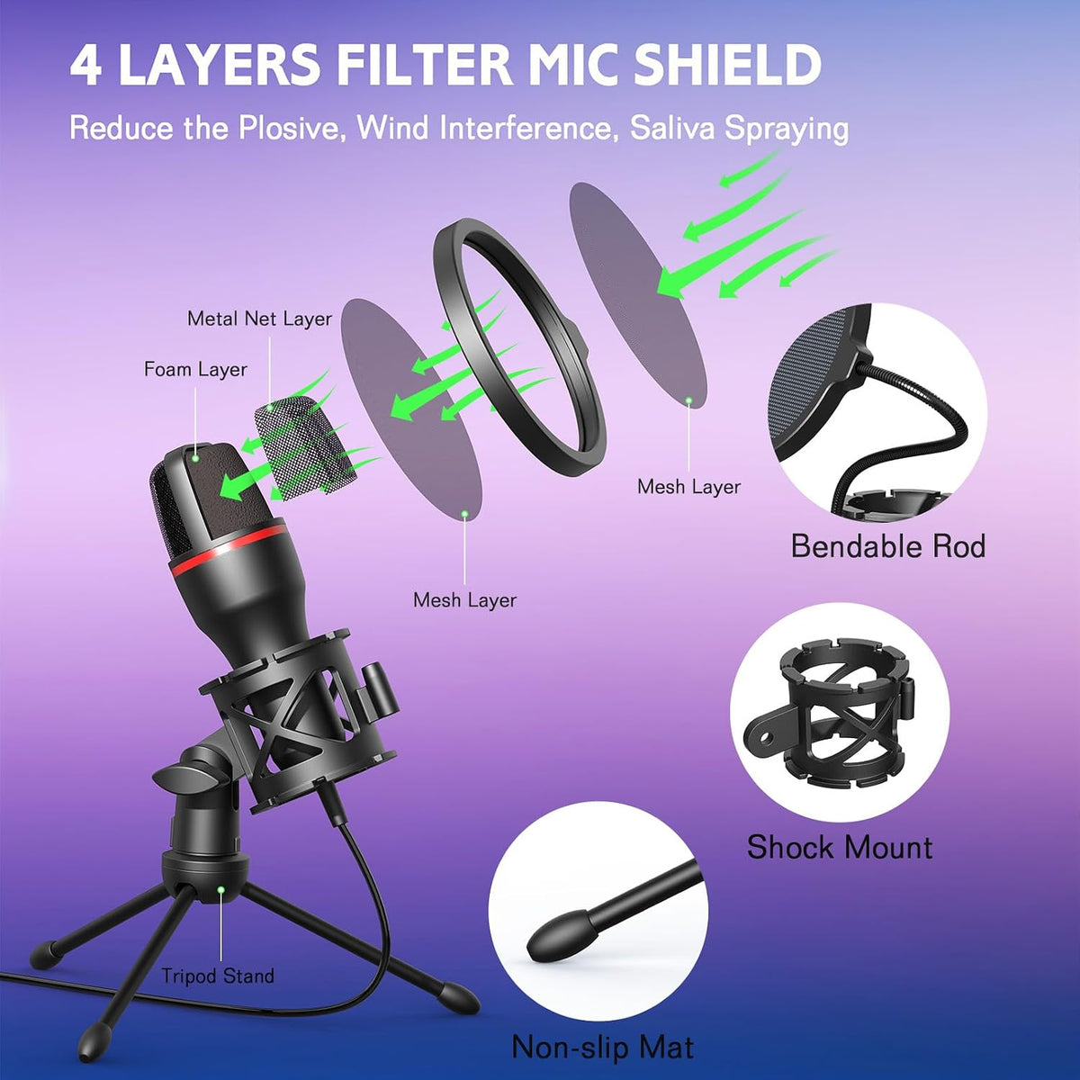 Hoppac Microphone USB à Condensateur, Micro PC Gaming avec Trépied | Capture cardioïde, éclairage RGB, filtre anti-pop et support antichoc, pour streaming, podcast, YouTube, PC, PS4 et PS5 - PATOGAZ