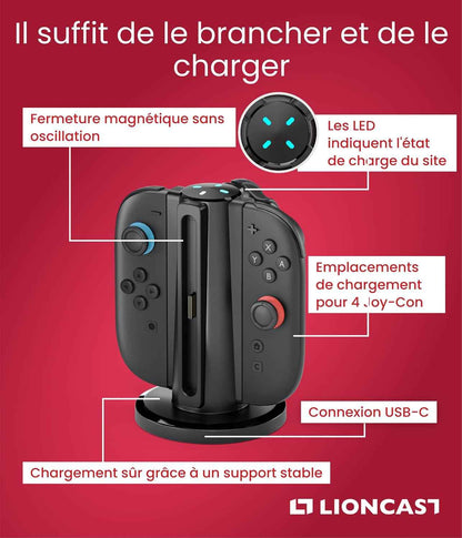 LIONCAST® Station de Charge Joy-Con [avec INDICATEUR DE Charge LED] - Support Manette Switch 2 - Support de Recharge Joy-Con 2 - Compatible exclusivement avec Les Joy-Con de la Nintendo Switch 2