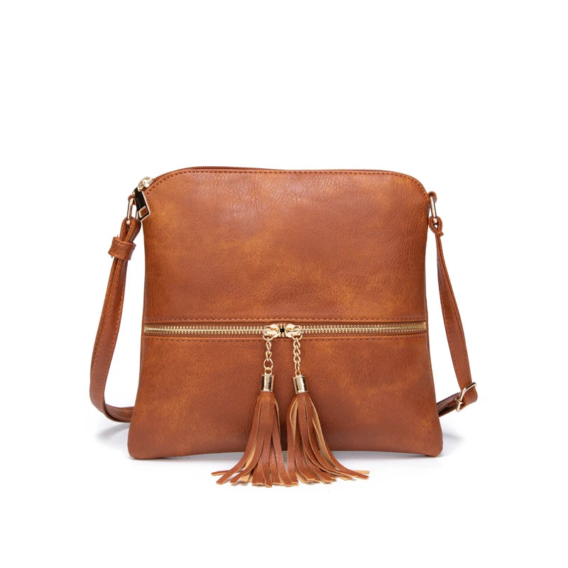 PU Leather Handbag with Tassel Zipper Pocket Adjustable Shoulder Strap, Crossbody Bag - PATOGAZ