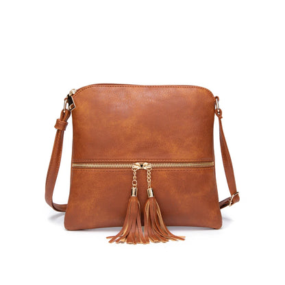 PU Leather Handbag with Tassel Zipper Pocket Adjustable Shoulder Strap, Crossbody Bag - PATOGAZ