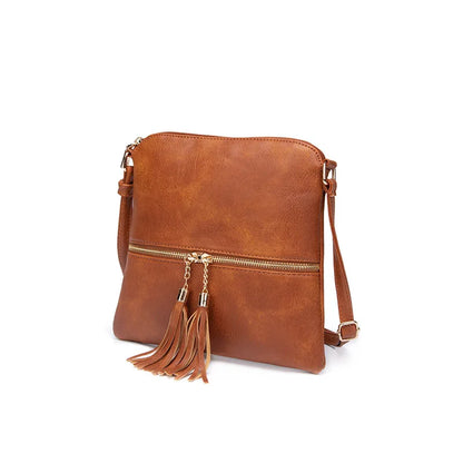 PU Leather Handbag with Tassel Zipper Pocket Adjustable Shoulder Strap, Crossbody Bag - PATOGAZ
