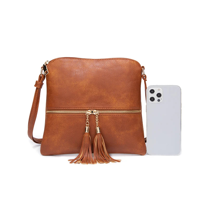 PU Leather Handbag with Tassel Zipper Pocket Adjustable Shoulder Strap, Crossbody Bag - PATOGAZ