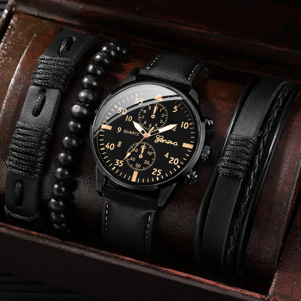 Montre Analogique avec bracelet en cuir tissé pour homme, ensemble de bracelets, mode, affaires, sans boîte, 4 pièces