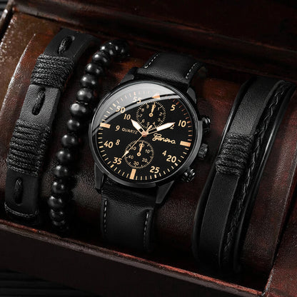 Montre Analogique avec bracelet en cuir tissé pour homme, ensemble de bracelets, mode, affaires, sans boîte, 4 pièces