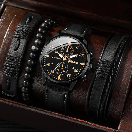 Montre Analogique avec bracelet en cuir tissé pour homme, ensemble de bracelets, mode, affaires, sans boîte, 4 pièces