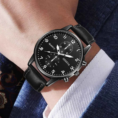 Montre noire pour hommes, 4 pièces, mode Business, Bracelet, collier, boucles d'oreilles, bague, cadeau parfait pour les amis