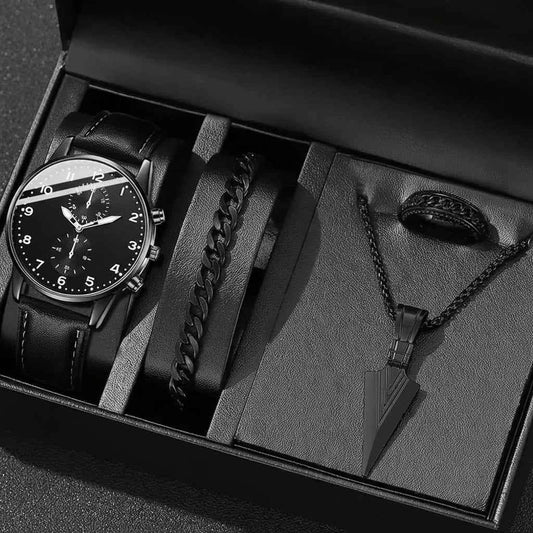Montre noire pour hommes, 4 pièces, mode Business, Bracelet, collier, boucles d'oreilles, bague, cadeau parfait pour les amis