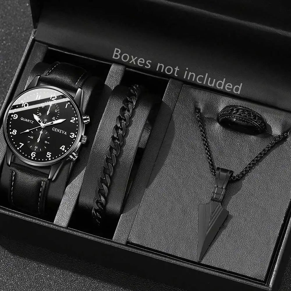 Montre noire pour hommes, 4 pièces, mode Business, Bracelet, collier, boucles d'oreilles, bague, cadeau parfait pour les amis