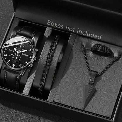 Montre noire pour hommes, 4 pièces, mode Business, Bracelet, collier, boucles d'oreilles, bague, cadeau parfait pour les amis