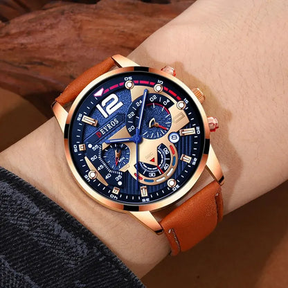 Montres à calendrier pour hommes, bracelet en cuir marron,mode fantaisie masculine, 2 pièces