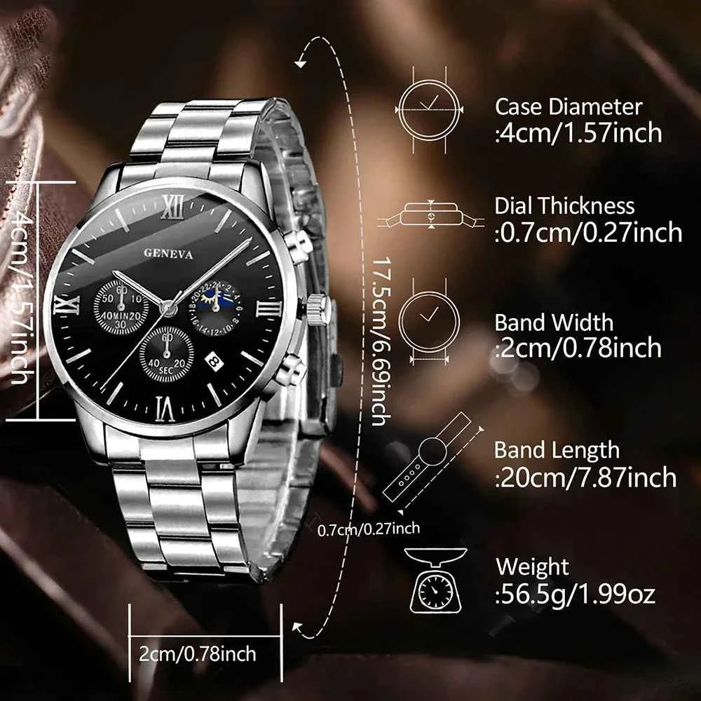 4 pièces ensemble de montre pour hommes mode tendance affaires montre à Quartz croix pendentif collier bague Bracelet ensemble de bijoux cadeau parfait pour lui (sans la boîte)