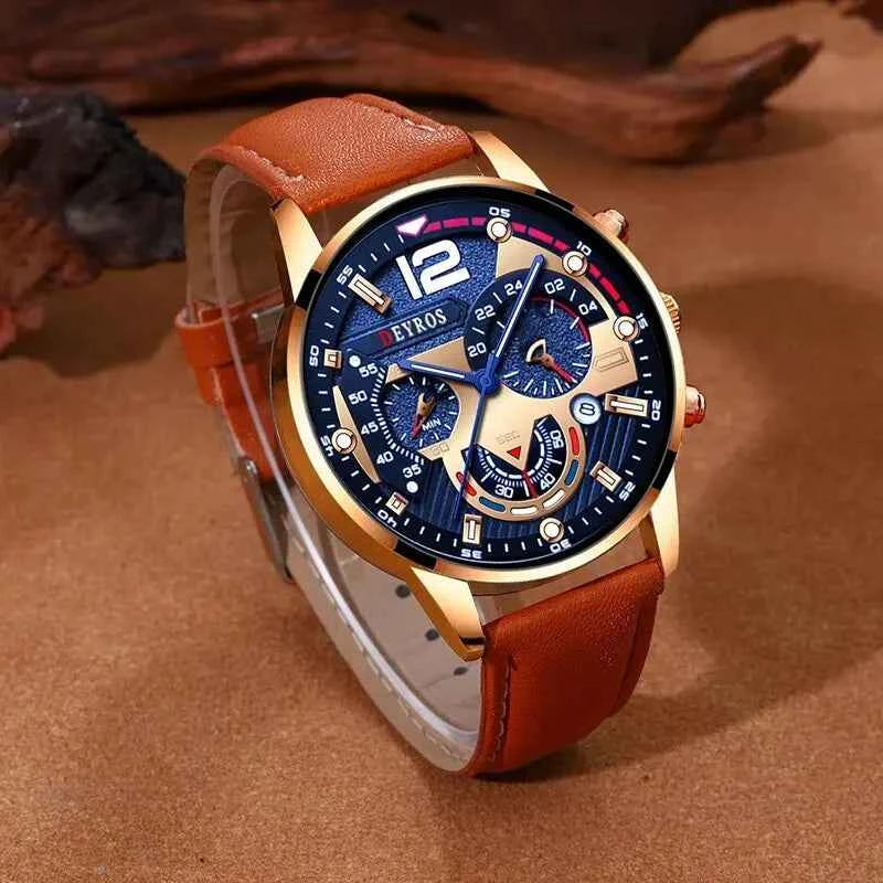 Montres à calendrier pour hommes, bracelet en cuir marron,mode fantaisie masculine, 2 pièces