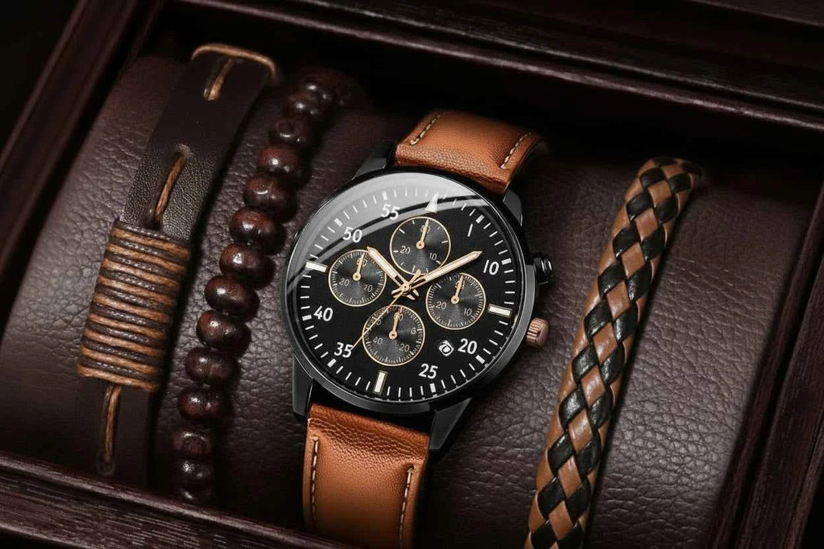 Montre avec un cadran style arabe vintage, bracelet en cuir,   4 pieces (sans boîte)