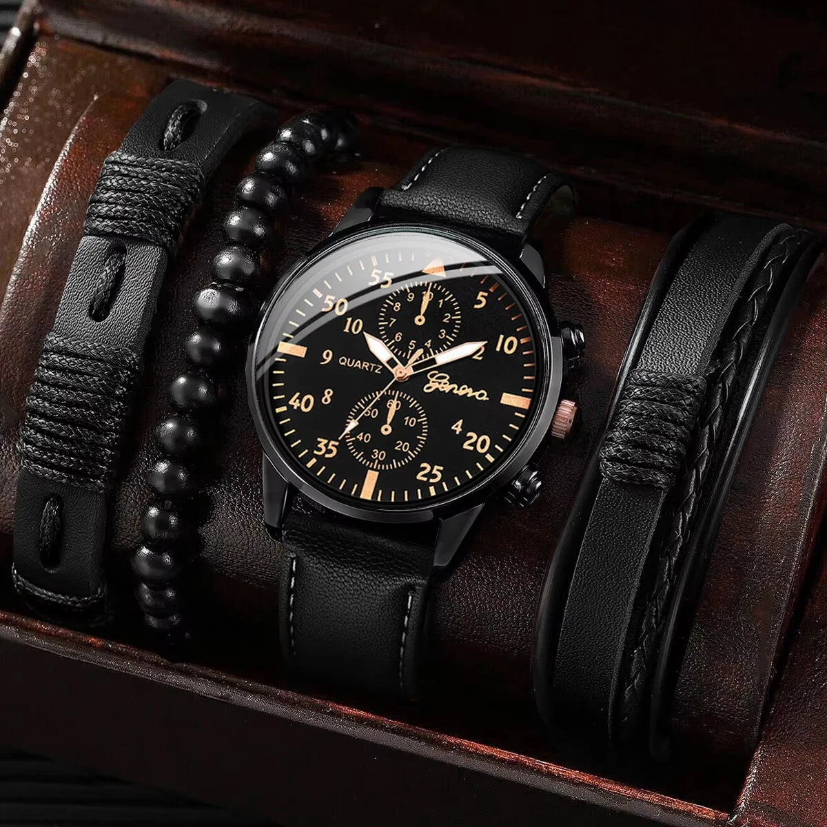 Montre Analogique avec bracelet en cuir tissé pour homme, ensemble de bracelets, mode, affaires, sans boîte, 4 pièces
