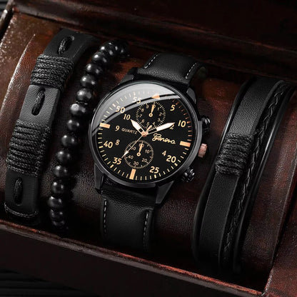 Montre Analogique avec bracelet en cuir tissé pour homme, ensemble de bracelets, mode, affaires, sans boîte, 4 pièces