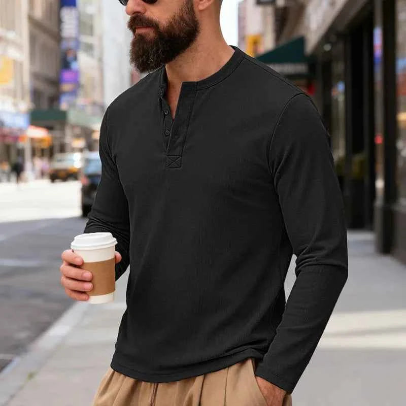 T-shirt Henley Homme Manches Longues — Pull-On Décontracté, Coupe Moderne Printemps/Automne