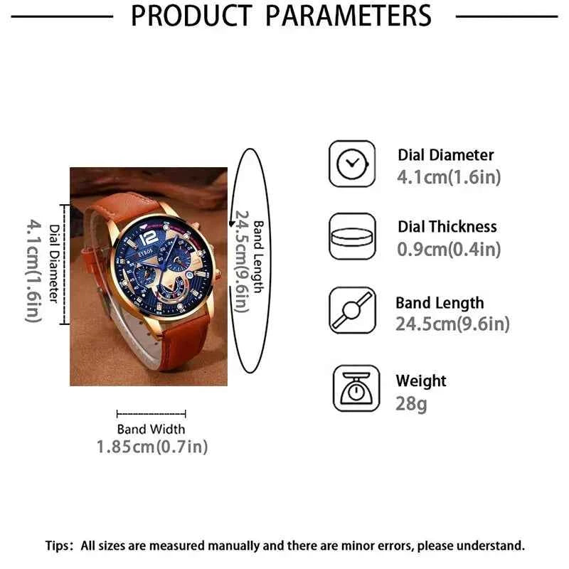 Montres à calendrier pour hommes, bracelet en cuir marron,mode fantaisie masculine, 2 pièces