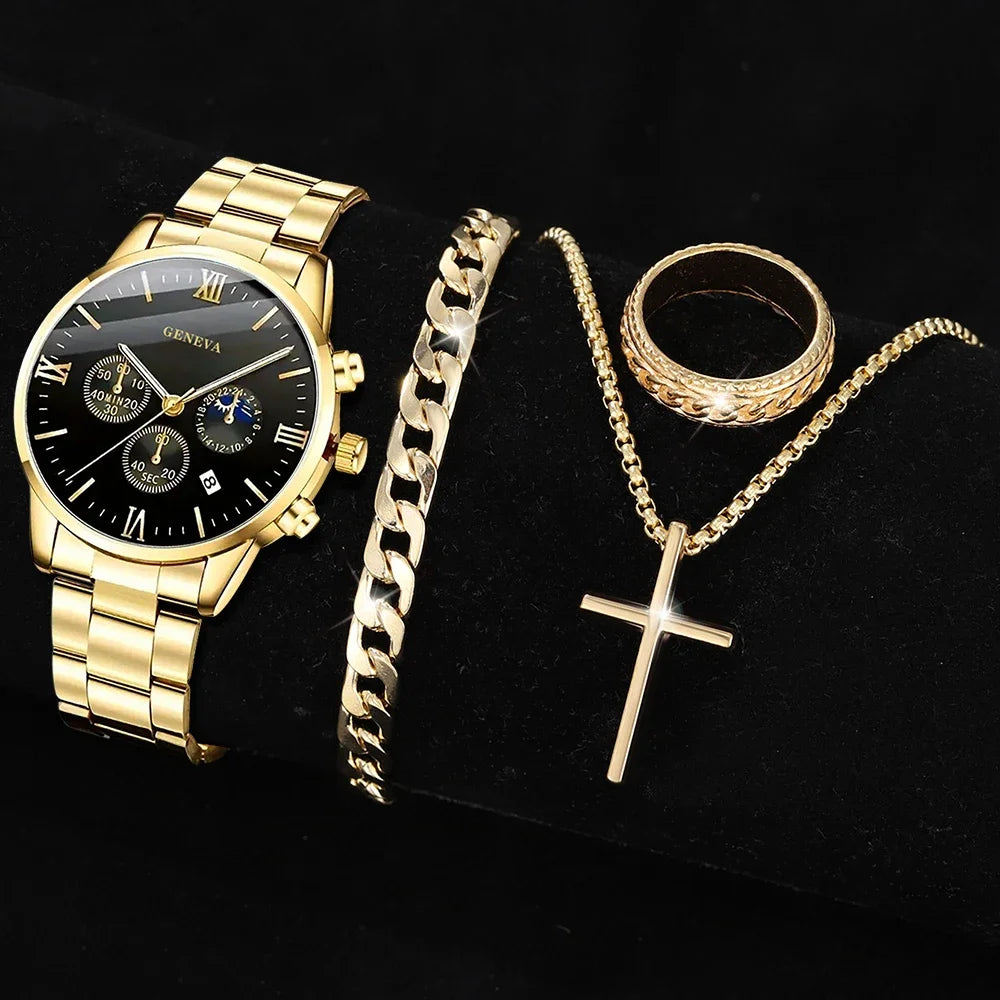 4 pièces ensemble de montre pour hommes mode tendance affaires montre à Quartz croix pendentif collier bague Bracelet ensemble de bijoux cadeau parfait pour lui (sans la boîte)