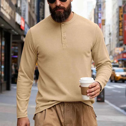 T-shirt Henley Homme Manches Longues — Pull-On Décontracté, Coupe Moderne Printemps/Automne