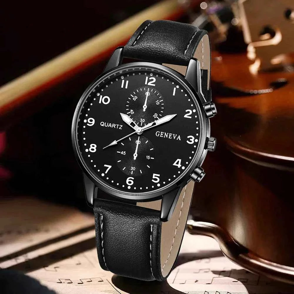 Montre noire pour hommes, 4 pièces, mode Business, Bracelet, collier, boucles d'oreilles, bague, cadeau parfait pour les amis