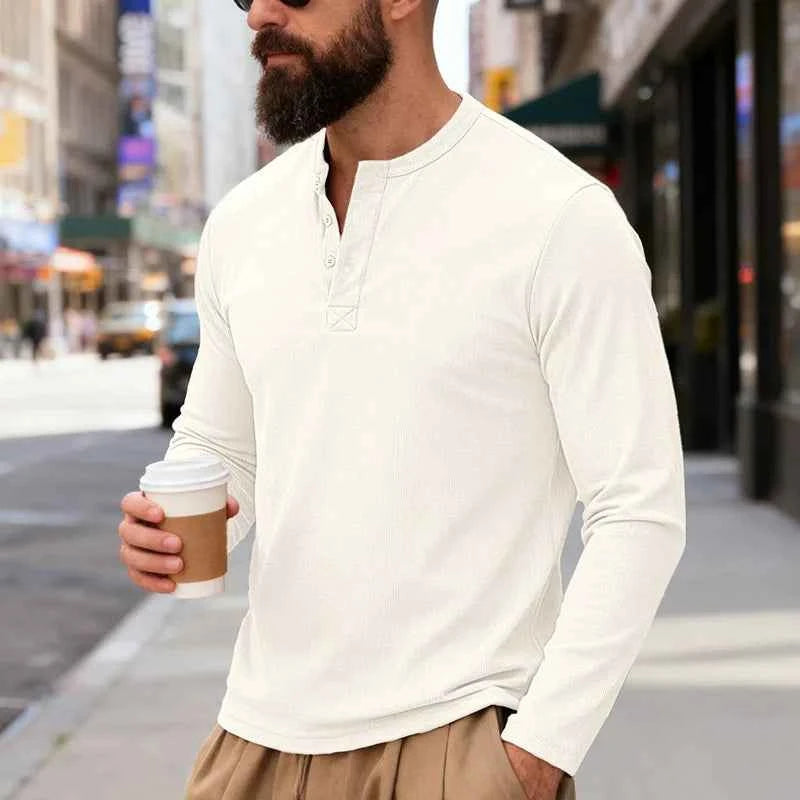 T-shirt Henley Homme Manches Longues — Pull-On Décontracté, Coupe Moderne Printemps/Automne