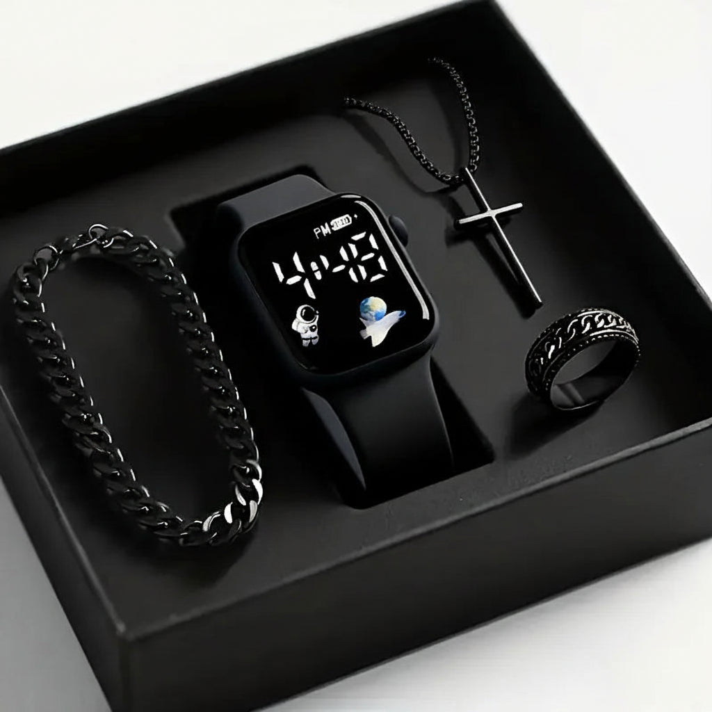 Four Piece Men's Accessory Gift Box Set - Low Voltage Running Digital Electronic Watch with Vintage Necklace, Bracelet, Ring, Ea - PATOGAZ
