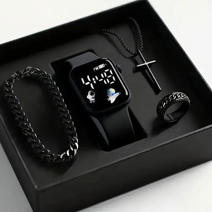 Four Piece Men's Accessory Gift Box Set - Low Voltage Running Digital Electronic Watch with Vintage Necklace, Bracelet, Ring, Ea - PATOGAZ
