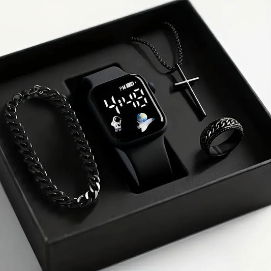 Four Piece Men's Accessory Gift Box Set - Low Voltage Running Digital Electronic Watch with Vintage Necklace, Bracelet, Ring, Ea - PATOGAZ