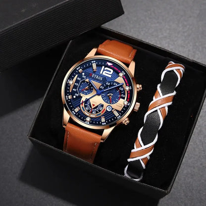 Montres à calendrier pour hommes, bracelet en cuir marron,mode fantaisie masculine, 2 pièces