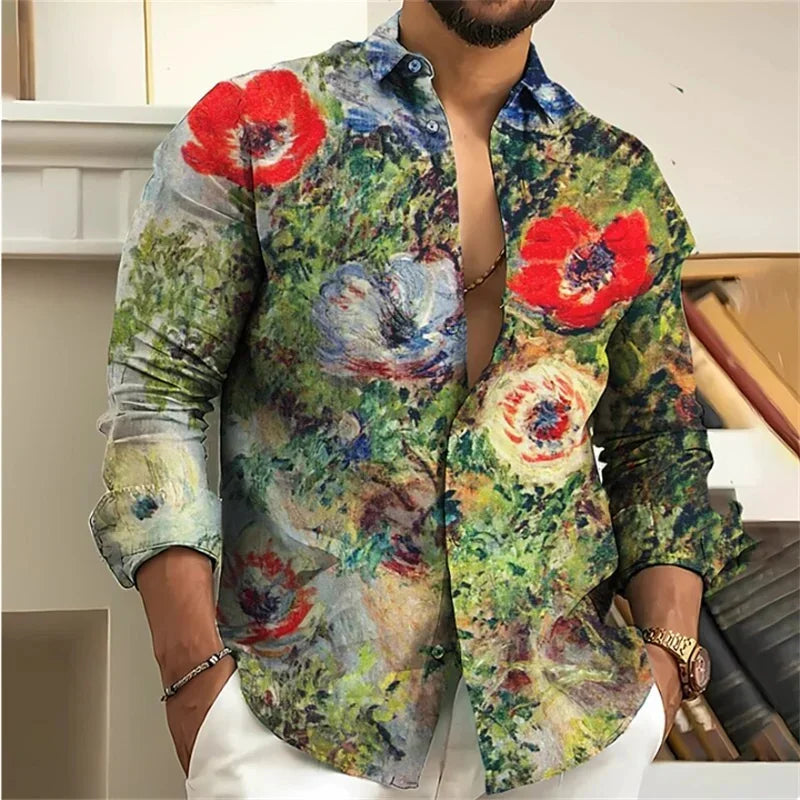 Chemise Homme Fleurie Imprimé 3D / Manches Longues / Style Vintage Streetwear