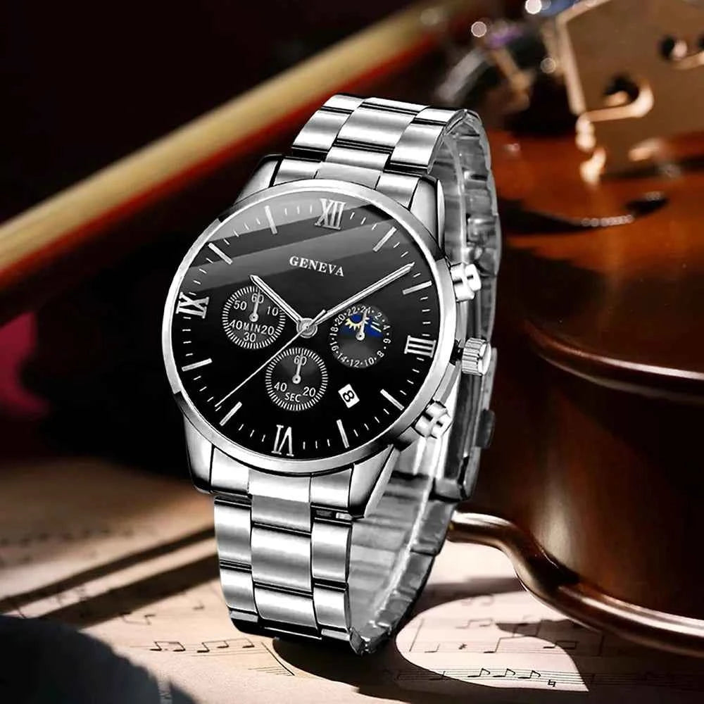 4 pièces ensemble de montre pour hommes mode tendance affaires montre à Quartz croix pendentif collier bague Bracelet ensemble de bijoux cadeau parfait pour lui (sans la boîte)