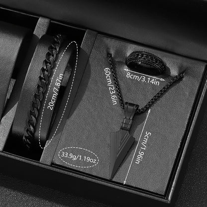 Montre noire pour hommes, 4 pièces, mode Business, Bracelet, collier, boucles d'oreilles, bague, cadeau parfait pour les amis