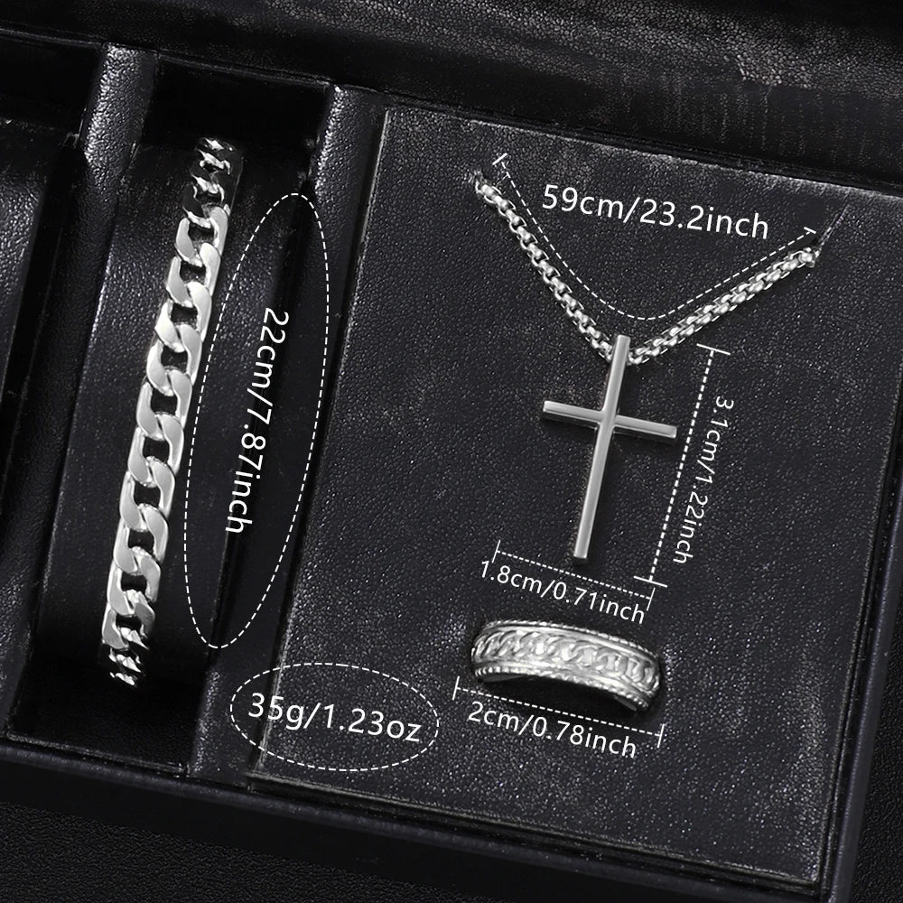 4 pièces ensemble de montre pour hommes mode tendance affaires montre à Quartz croix pendentif collier bague Bracelet ensemble de bijoux cadeau parfait pour lui (sans la boîte)