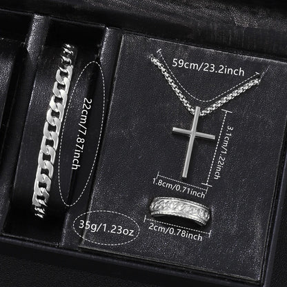 4 pièces ensemble de montre pour hommes mode tendance affaires montre à Quartz croix pendentif collier bague Bracelet ensemble de bijoux cadeau parfait pour lui (sans la boîte)