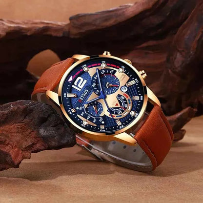 Montres à calendrier pour hommes, bracelet en cuir marron,mode fantaisie masculine, 2 pièces