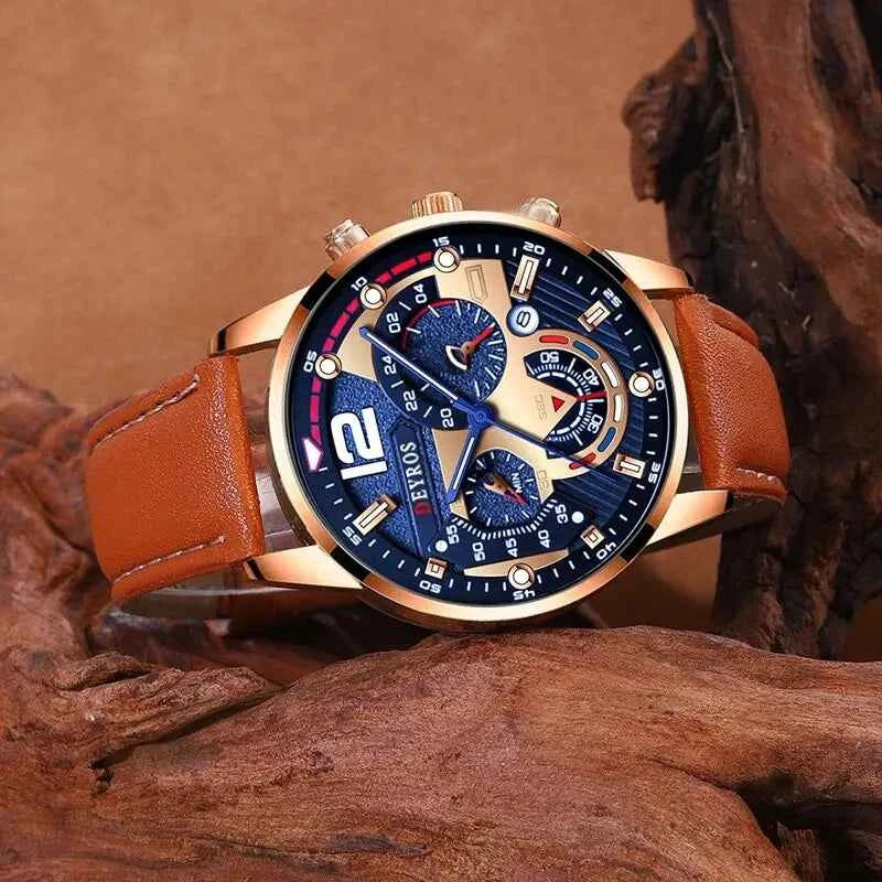 Montres à calendrier pour hommes, bracelet en cuir marron,mode fantaisie masculine, 2 pièces