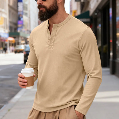 T-shirt Henley Homme Manches Longues — Pull-On Décontracté, Coupe Moderne Printemps/Automne
