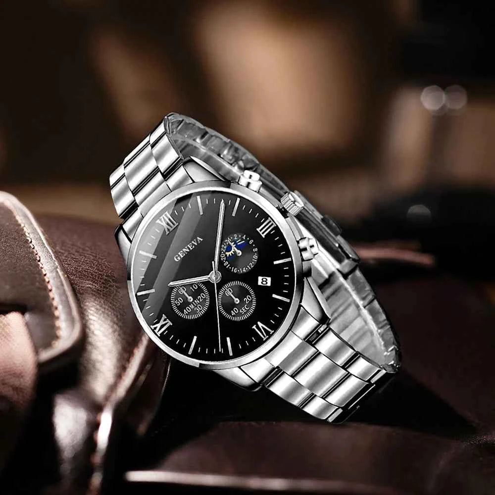 4 pièces ensemble de montre pour hommes mode tendance affaires montre à Quartz croix pendentif collier bague Bracelet ensemble de bijoux cadeau parfait pour lui (sans la boîte)