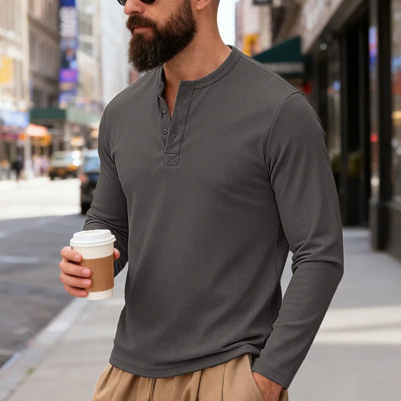 T-shirt Henley Homme Manches Longues — Pull-On Décontracté, Coupe Moderne Printemps/Automne